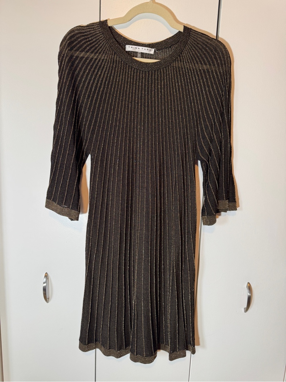 Trina Turk Black Dress with Metallic Gold Pinstripes
